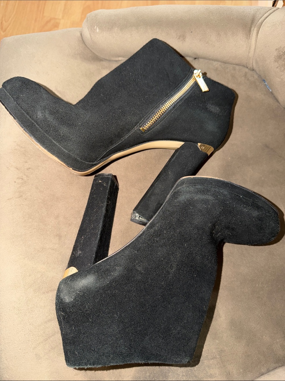 Michael Kors Black Suede Ankle Booties with Gold Zippers